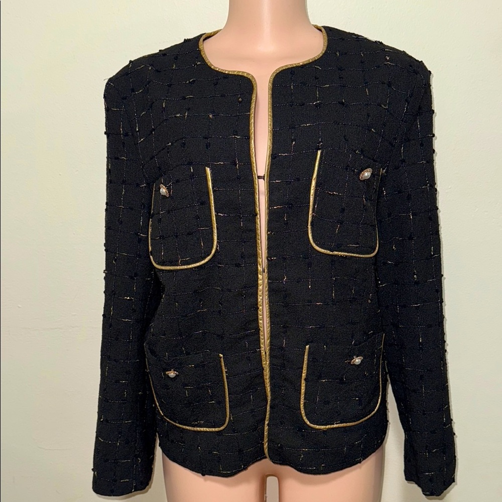 OO LA LA woman size Large and Medium black tweed like jacket blazer pearl